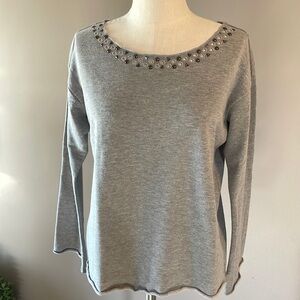 MAX JEANS Grey STUDDED woman’s cut out neckline terry light sweatshirt / top SM